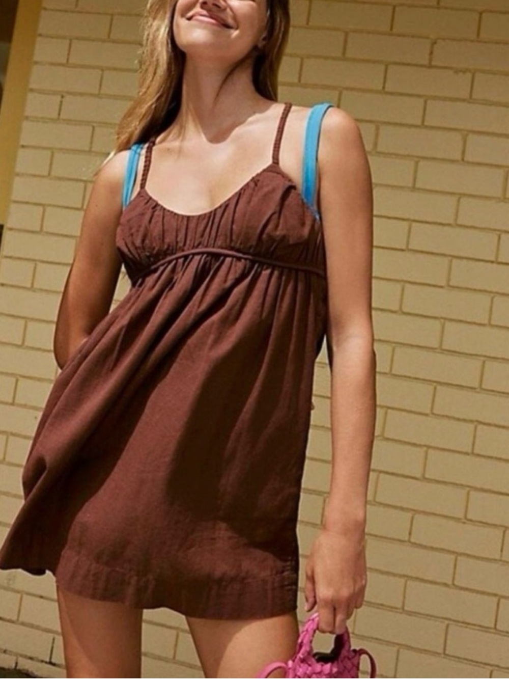 Free People Tell All Dress Women's Medium Brown Linen Blend Sundress Mini Boho